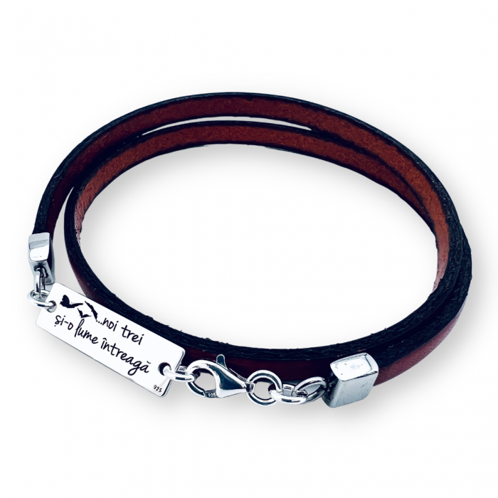 Bratara personalizata argint, snur plat dublu piele Noi trei si-o lume intreaga [5]