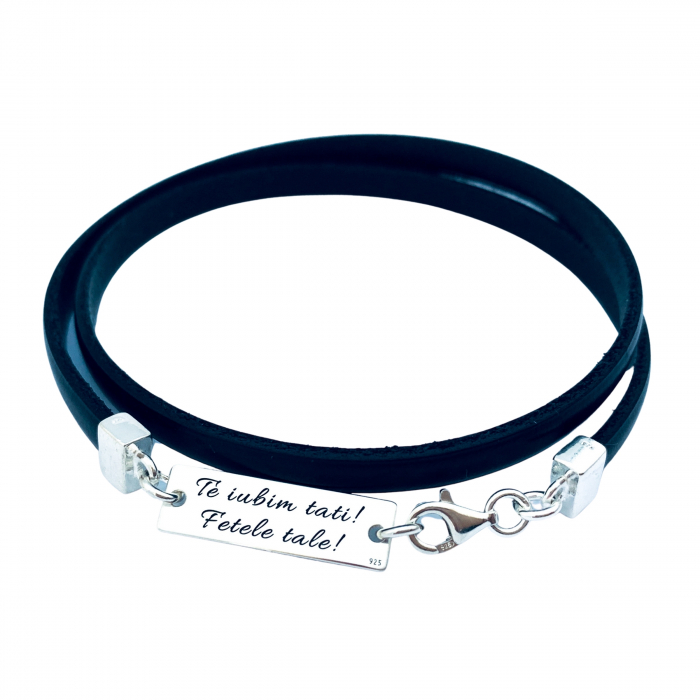 Bratara personalizata argint, snur plat piele naturala Te iubim, tati [3]