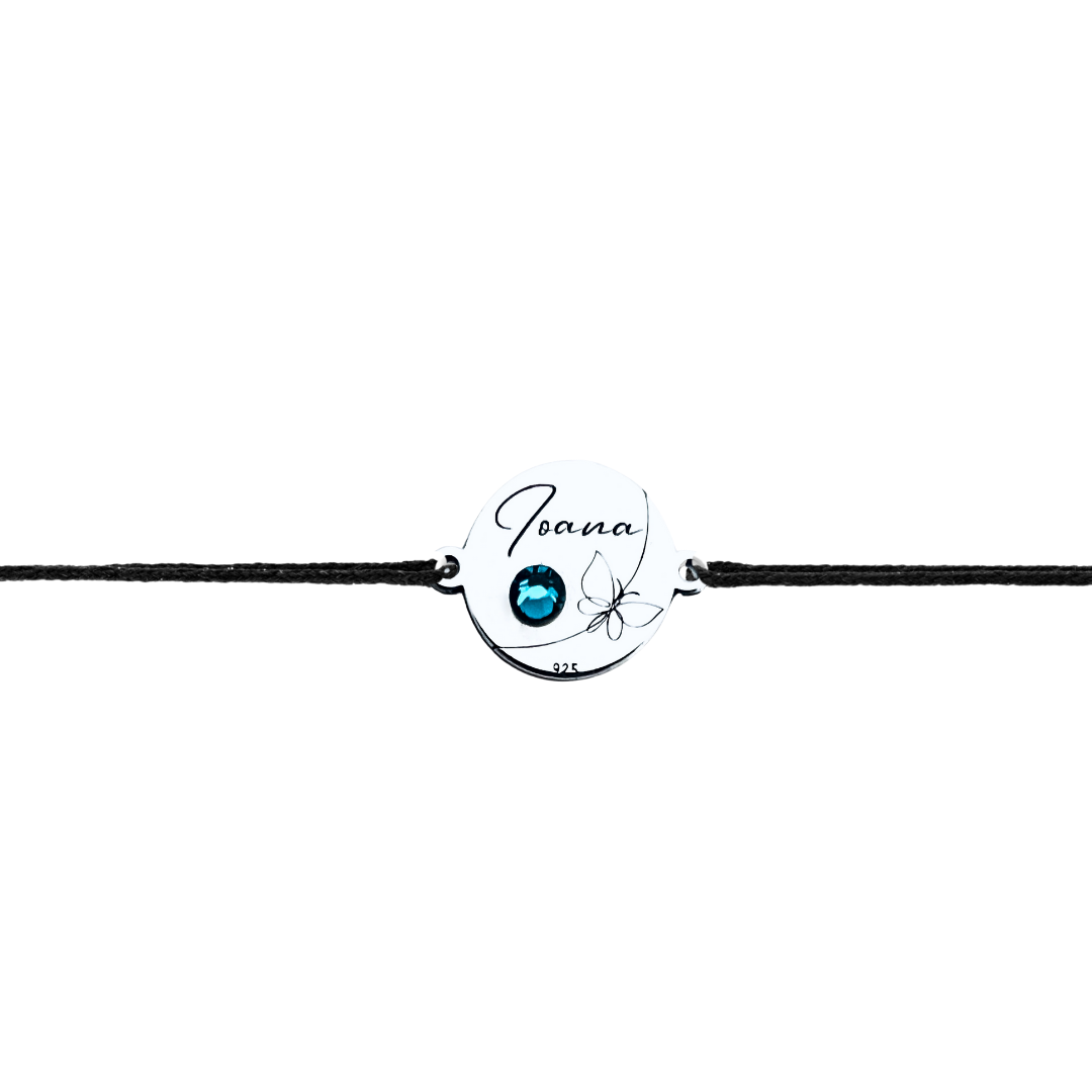 Bratara personalizata argint, snur reglabil si cristal - Nume si Fluturas [2]