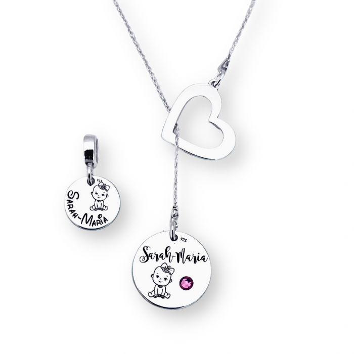 Lantisor argint asimetric personalizat charm inimioara si cristal - Nume bebelus [2]