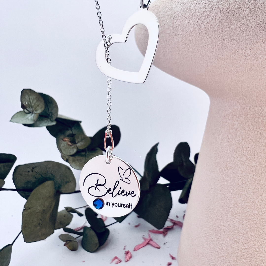 Lantisor argint asimetric personalizat charm inimioara, cristal - Believe in Yourself [3]