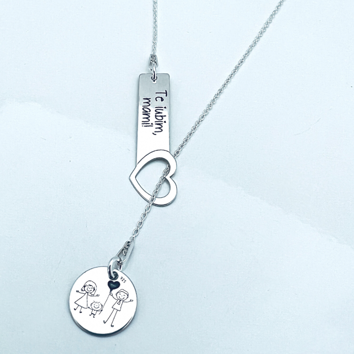 Lantisor argint asimetric personalizat placuta, banut Te iubim mami [2]
