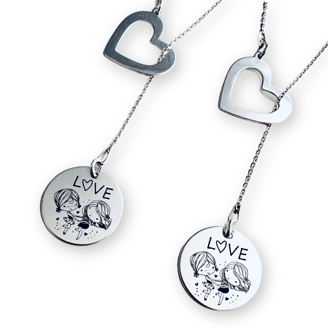 Colier asimetric argint gravat charm inimioara - Sisters Love [2]