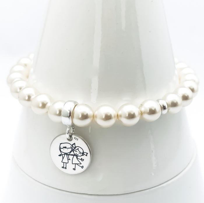 Set bijuterii din argint personalizate, cu charm argint Siluete Copii si Cercei Perle  [2]