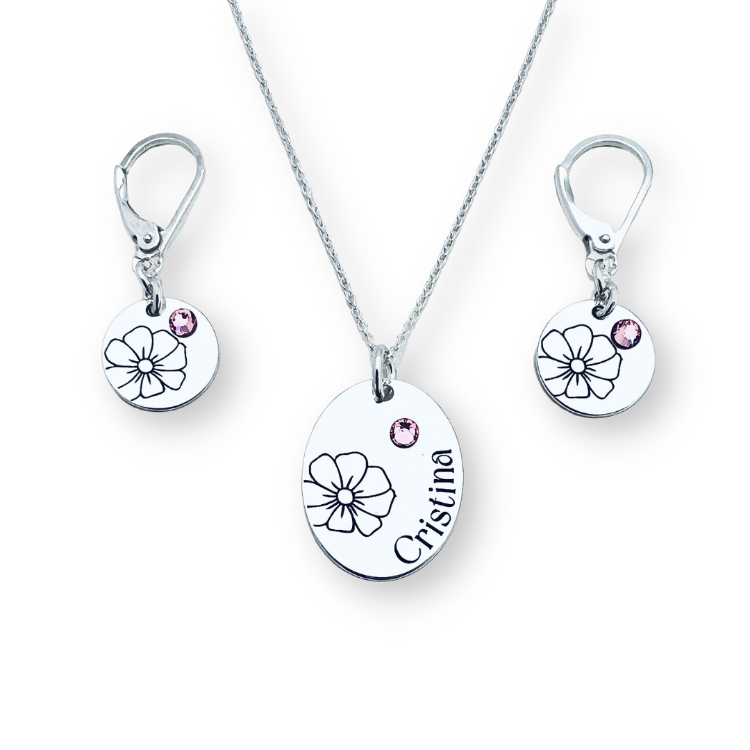 Set Lantisor pandantiv oval personalizat si cercei argint - Nume, Floare si Cristal  [5]