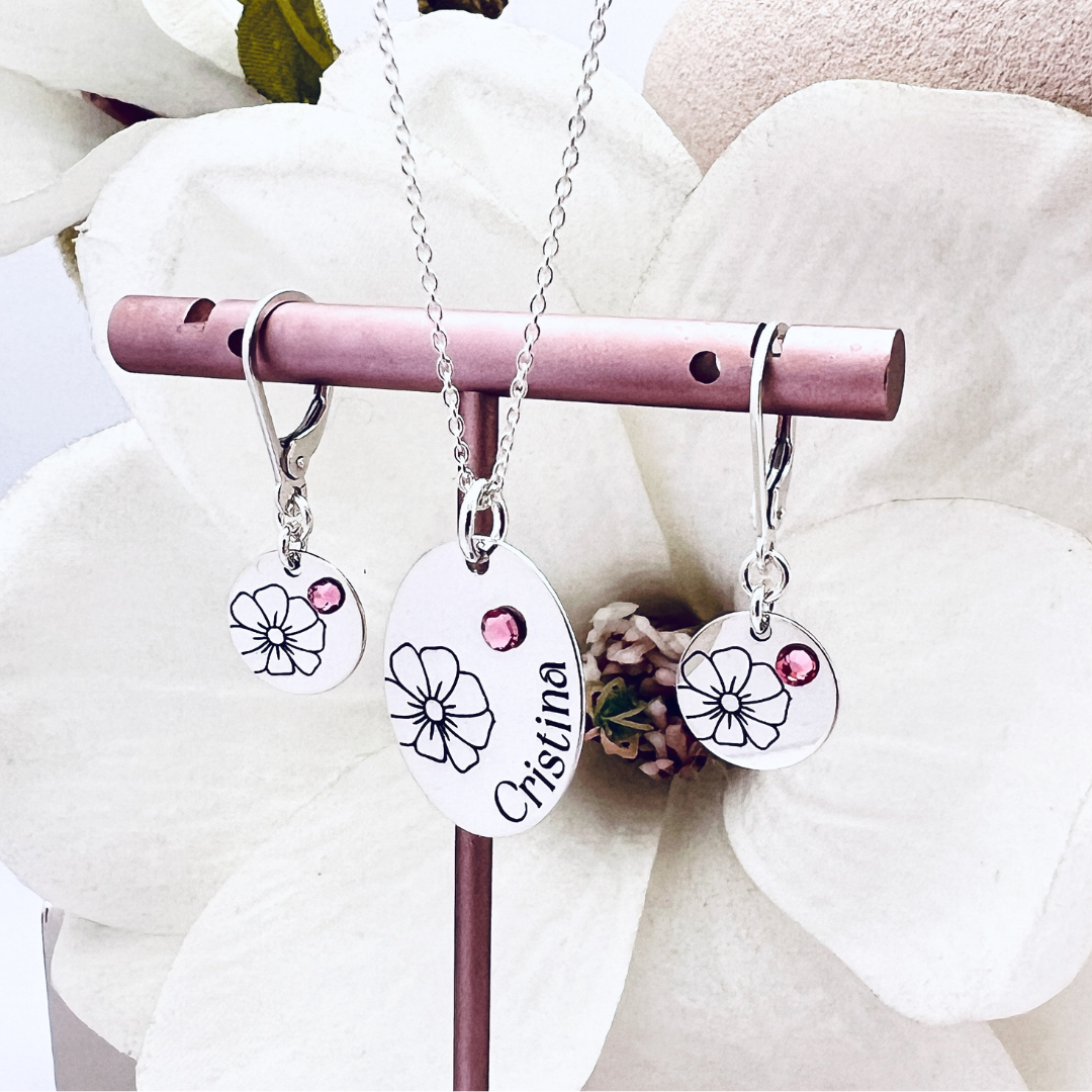Set Lantisor pandantiv oval personalizat si cercei argint - Nume, Floare si Cristal  [2]