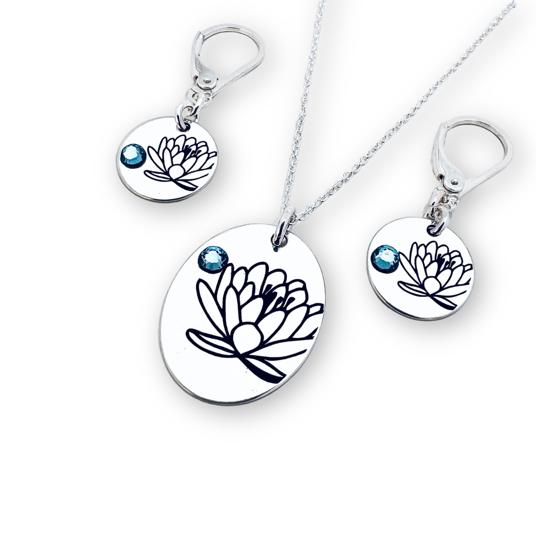 Set Lantisor pandantiv oval personalizat si cercei argint - Nume, Floare si Cristal  [7]