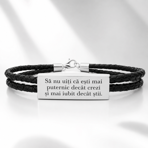 Cadouri personalizate – iubit, sot - Bratara 3D argint, personalizata snur impletit piele naturala - Sa nu uiti...