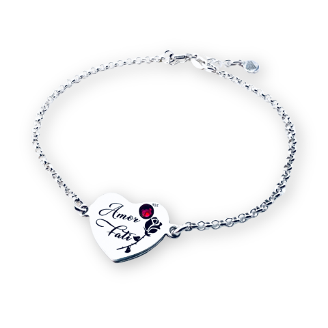 Bratari piele - argint - Bratara argint personalizata inima si cristal - Amor Fati