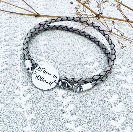 Bratara personalizata argint snur din piele - Believe in Yourself [2]