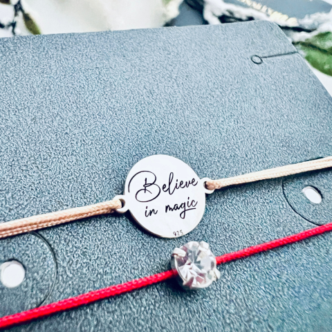 Cadouri adolescenti - Brățară argint, personalizată șnur reglabil - Believe in Magic