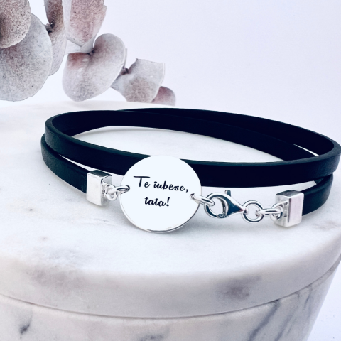 Cadouri de Craciun pentru parinti si bunici - Bratara argint personalizata din piele - Te iubesc, tata