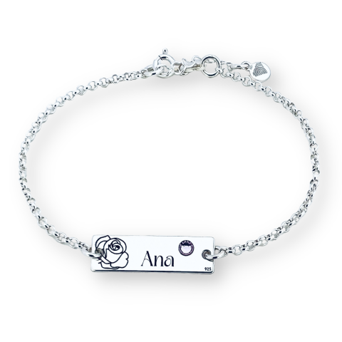 Bratara cu placuta personalizata din argint - Nume, Floare si Cristal  [2]