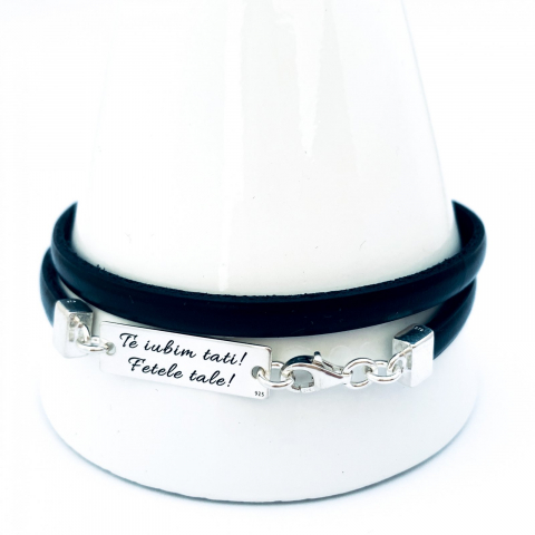 Bratara din argint pentru barbati snur din piele, Te iubim, tati! [1]