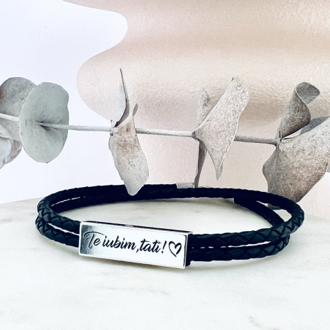 Bratara personalizata 3D argint, snur impletit piele - Te iubim, tati! [1]