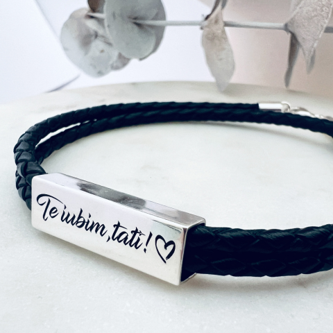 Bratari piele / argint pentru barbati - Bratara personalizata 3D argint, snur impletit piele - Te iubim, tati!