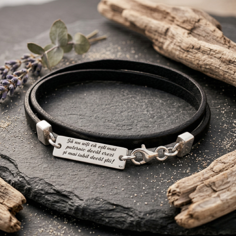 Bratari piele / argint pentru barbati - Bratara personalizata argint barbati, snur plat piele naturala - Sa nu uiti...