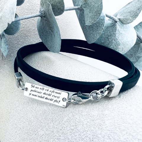 Cadouri personalizate – iubit, sot - Bratara personalizata argint barbati, snur plat piele naturala - Sa nu uiti...