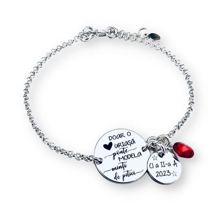 Bratara personalizata argint, doi banuti gravati si cristal Swarovski - Cadou pentru o invatatoare draga [2]
