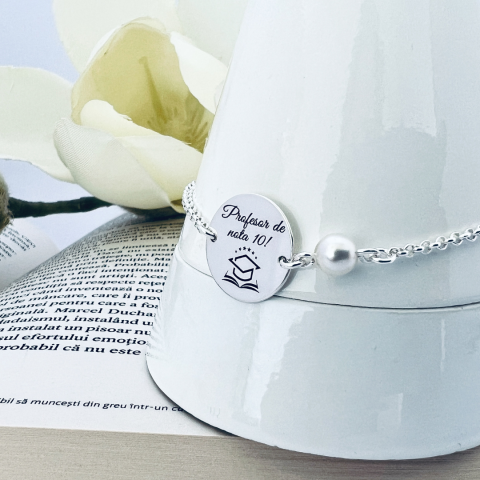 Bratara personalizata argint cu perla - Profesor de nota 10 [1]
