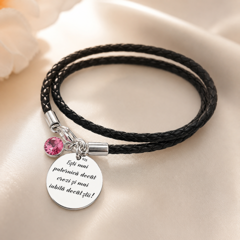 Cadouri de Craciun pentru iubita si sotie - Bratara Personalizata Argint Snur piele Cadou pentru ea - Personally ME