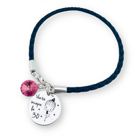 Bratara personalizata argint, snur din piele naturala Viata incepe la 30 [1]