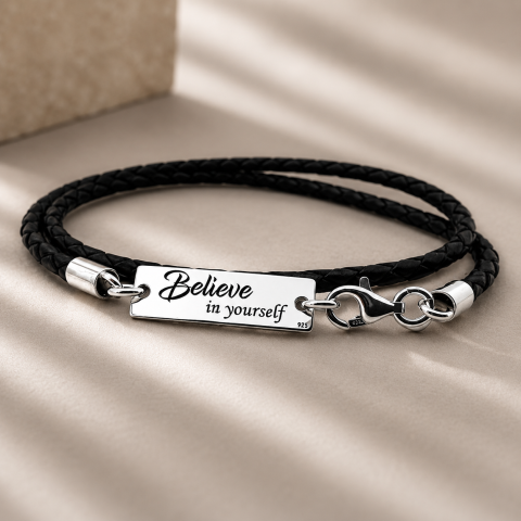 Bijuterii Personalizate - Bratara personalizata argint snur din piele - Believe in Yourself