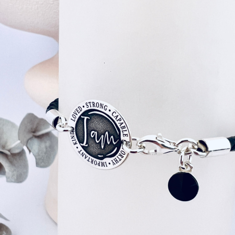 Bijuterii Personalizate - Bratara personalizata argint, snur piele - I am