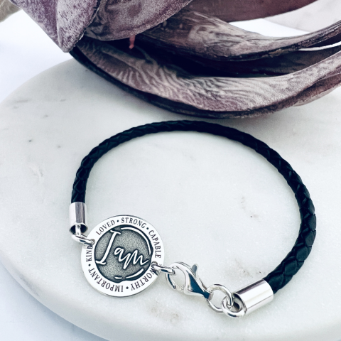 Bratara personalizata argint snur piele - I Am [1]