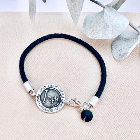 Bratara personalizata argint, snur piele - I am [3]