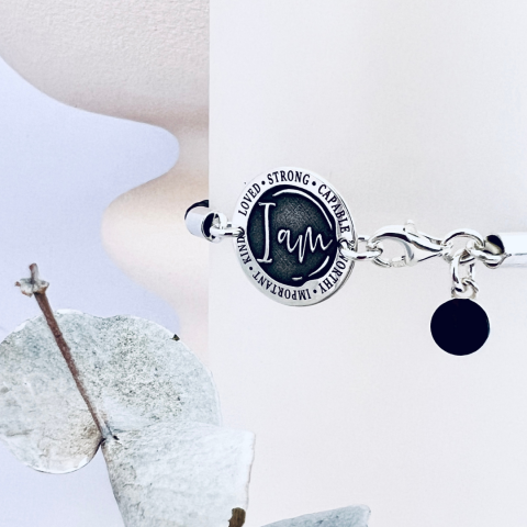 Bratara personalizata argint, snur piele - I am [2]