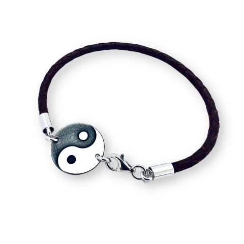M.Y.T.H - Bratara personalizata argint, snur piele simbol Ying & Yang