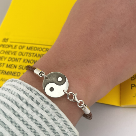 Bratara personalizata argint, snur piele simbol Ying & Yang [2]