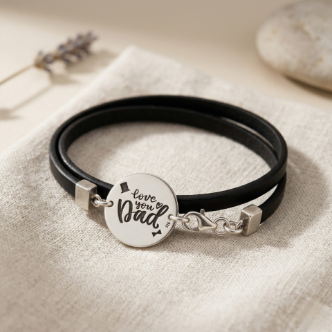 Bijuterii Personalizate - Bratara personalizata argint, snur plat piele Cadou tatici - Love you Dad