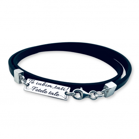 Bratara personalizata argint, snur plat piele naturala Te iubim, tati [1]