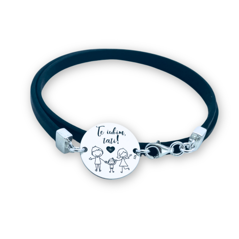 Bratara piele personalizata banut argint, Te iubim, tati [0]