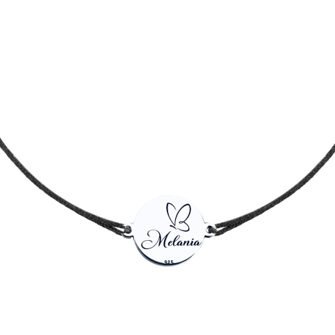 Bratari argint barbati personalizate - Bratara personalizata argint, snur reglabil Nume si Fluturas