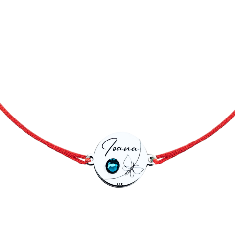 Bratara personalizata argint, snur reglabil si cristal - Nume si Fluturas