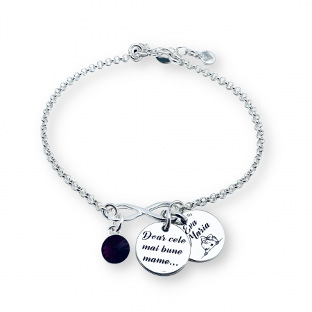 Bratari piele - argint - Bratara personalizata argint dama charm infinit si cristal - Cadou Mama