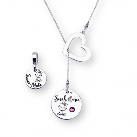 Lantisor argint asimetric personalizat charm inimioara si cristal - Nume bebelus [1]