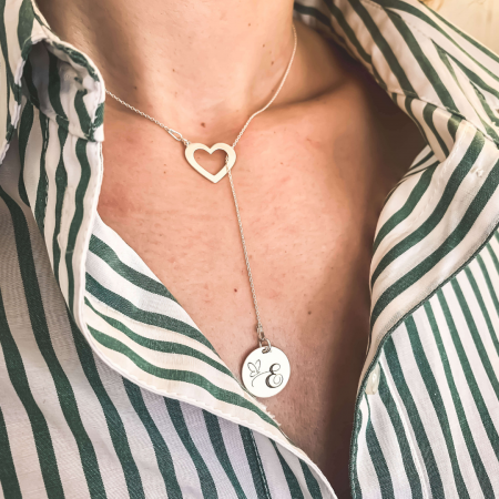 Lantisor argint asimetric gravat charm inimioara Family [1]