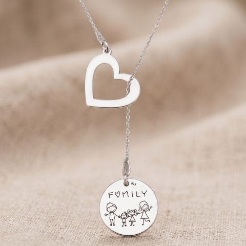 Bijuterii Personalizate - Lantisor argint asimetric gravat charm inimioara Family