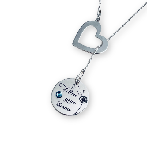 Cadouri personalizate Sfanta Maria - Colier asimetric argint charm inimioara si cristal - Follow your Dreams