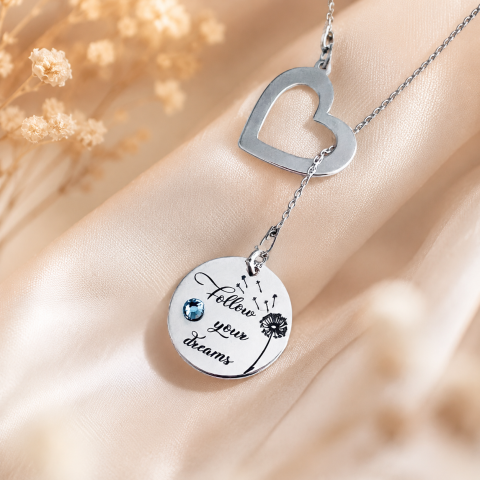 Bijuterii Personalizate - Colier asimetric argint charm inimioara si cristal - Follow your Dreams