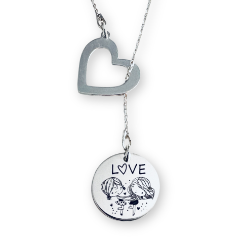 Cadouri personalizate – prietena / surori - Colier asimetric argint gravat charm inimioara - Sisters Love