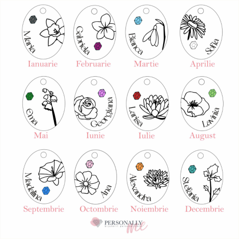 Set Lantisor pandantiv oval personalizat si cercei argint - Nume, Floare si Cristal  [9]