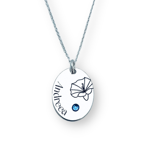 Lantisor cu pandantiv oval personalizat argint - Nume, Floare si Cristal  [2]