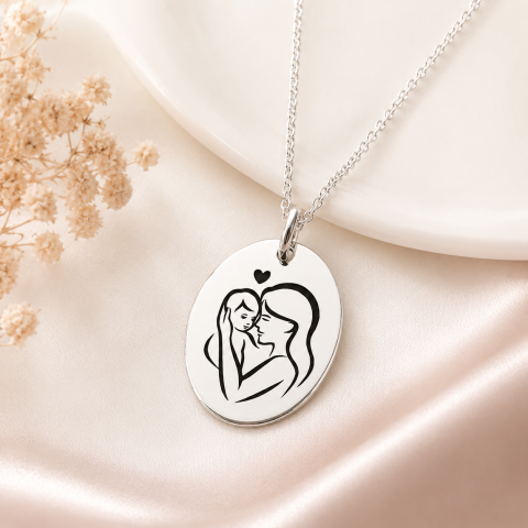 Cadouri personalizate – prietena / surori - Colier personalizat argint pandantiv Oval - Mama si Bebelus