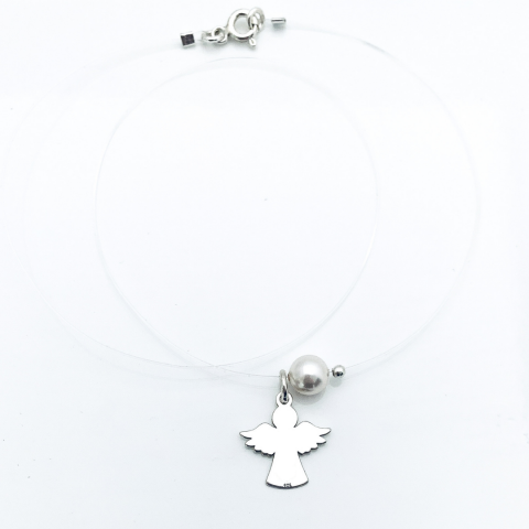 Colier transparent pandantiv ingeras din argint si perla [2]