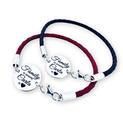 Bratari personalizate cuplu (argint) - Set bratari din argint, personalizate, snur impletit piele - Family